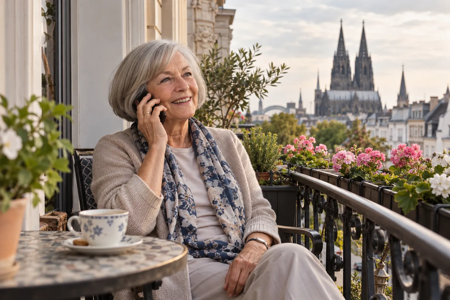 Ältere Frau auf ihrem Balkon in Köln mit einer Tasse Kaffee, telefoniert mit ihrer Tochter