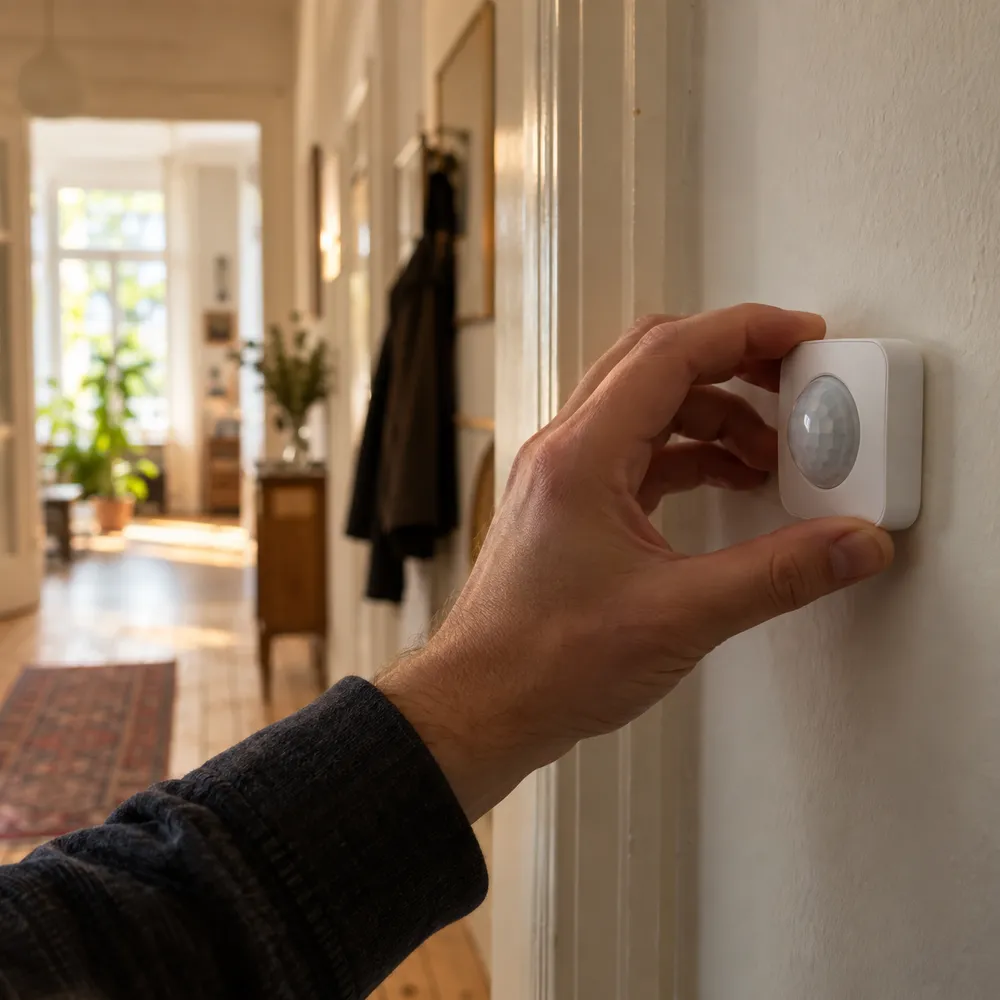 Eine Hand klebt einen kleinen weißen Sensor an eine Flurwand