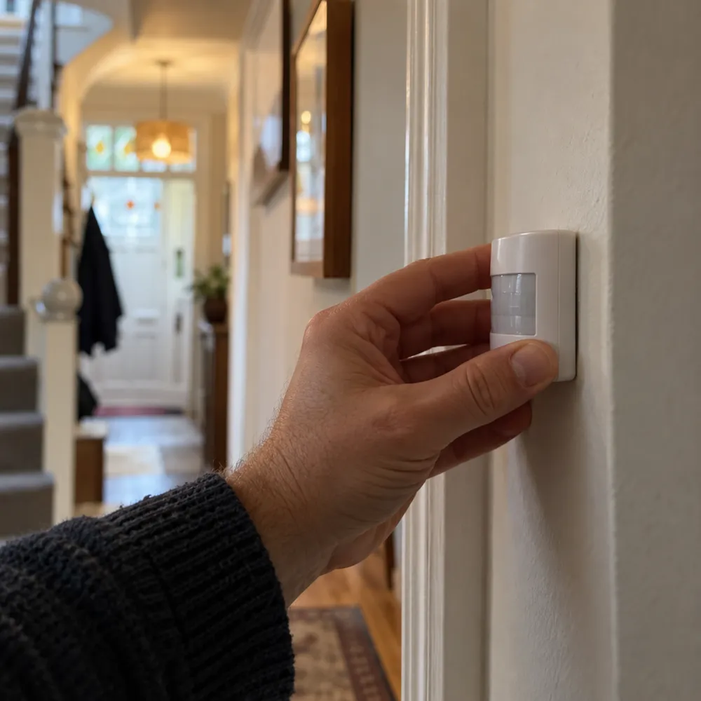 A hand sticking a small white sensor onto a hallway wall