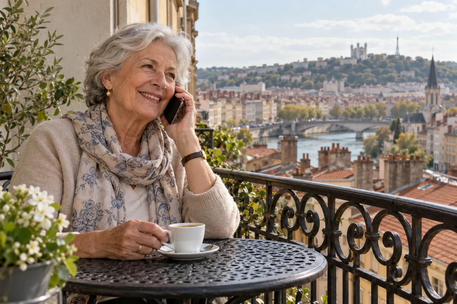 Femme âgée prenant un café sur son balcon à Lyon, au téléphone avec sa fille