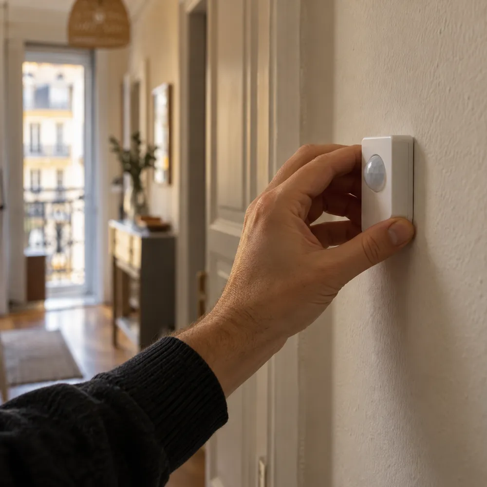 Une main colle un petit capteur blanc sur le mur d'un couloir