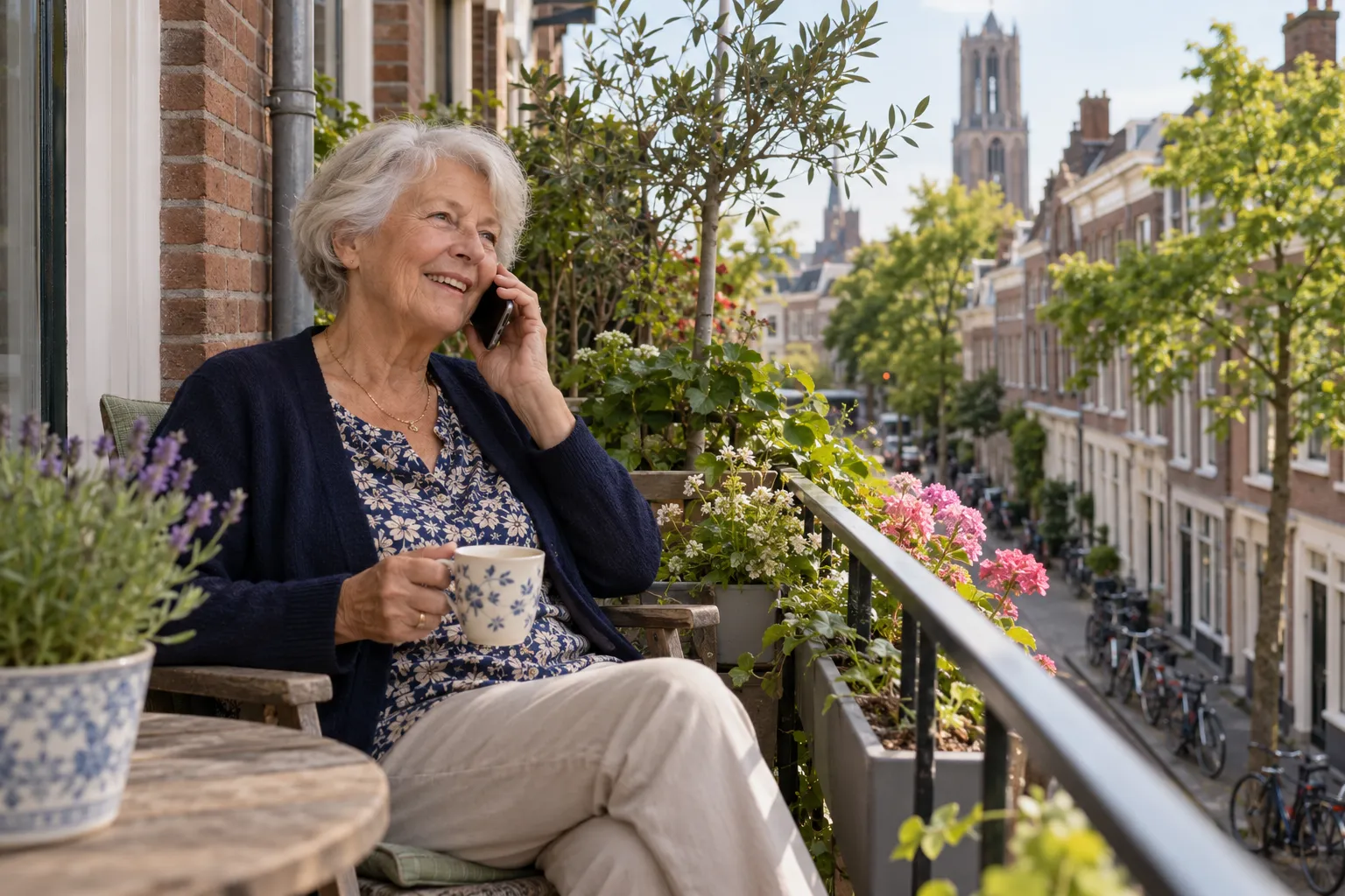 Oudere vrouw drinkt koffie op haar balkon in Utrecht en belt met haar dochter