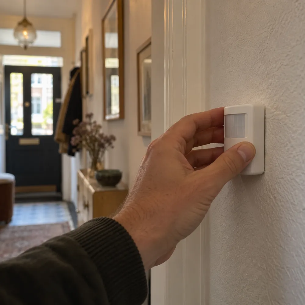 Een hand plakt een kleine witte sensor op de muur van een gang