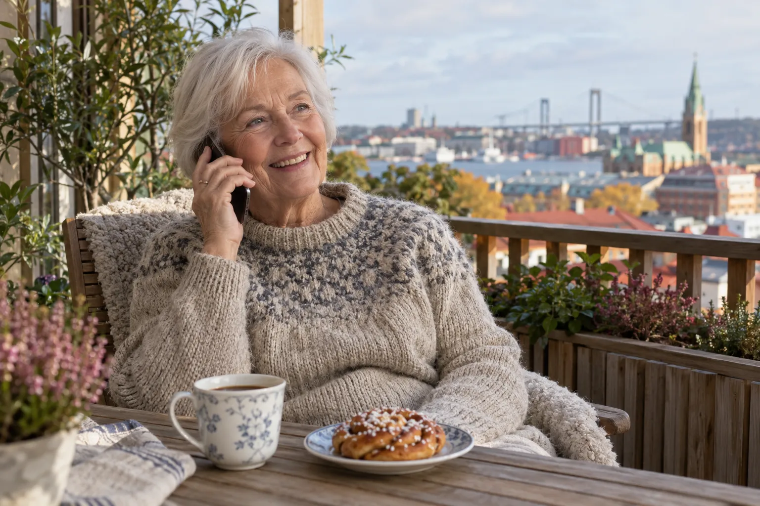Äldre kvinna fikar på sin balkong i Göteborg och pratar i telefon med sin dotter