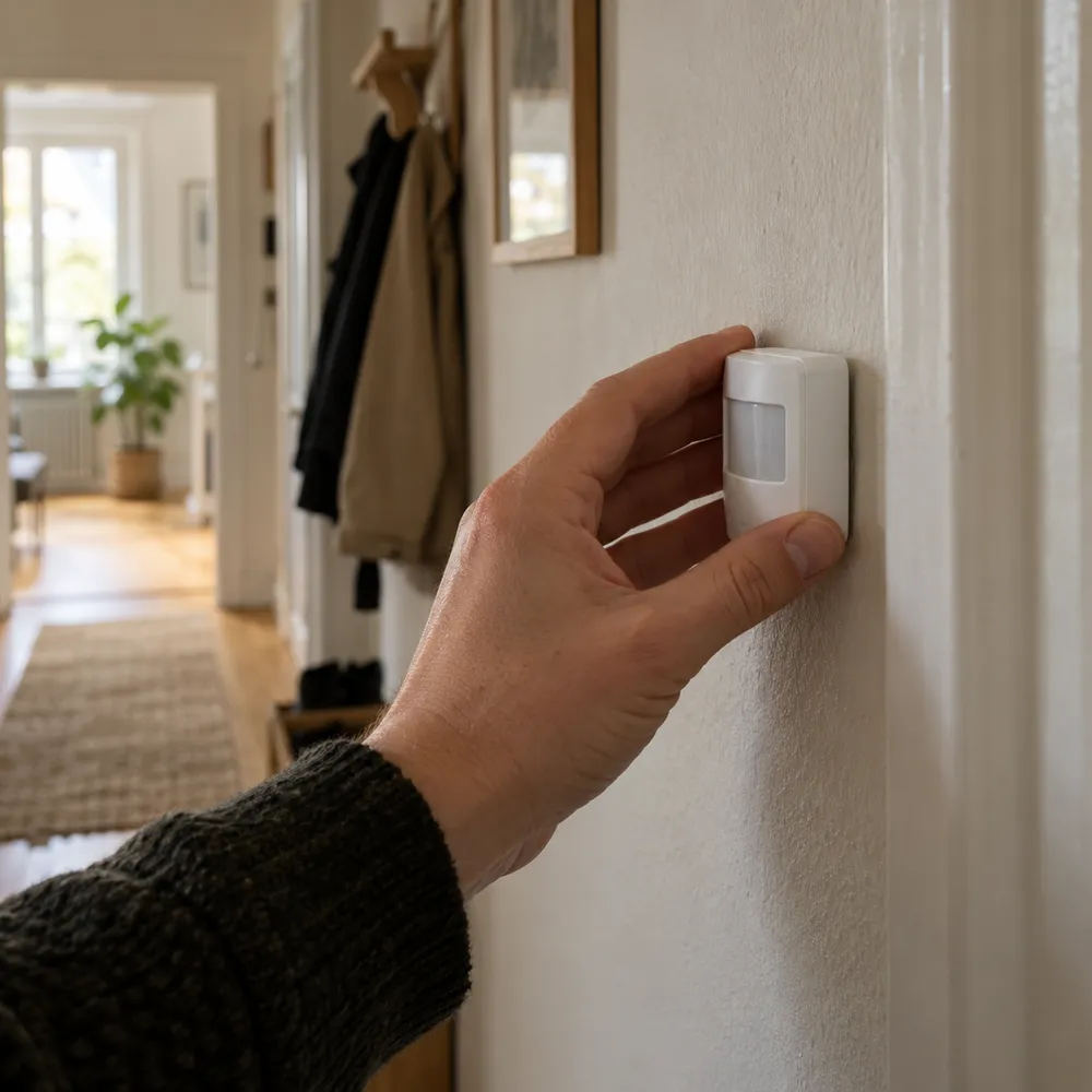 En hand sätter upp en liten vit sensor på en hallvägg