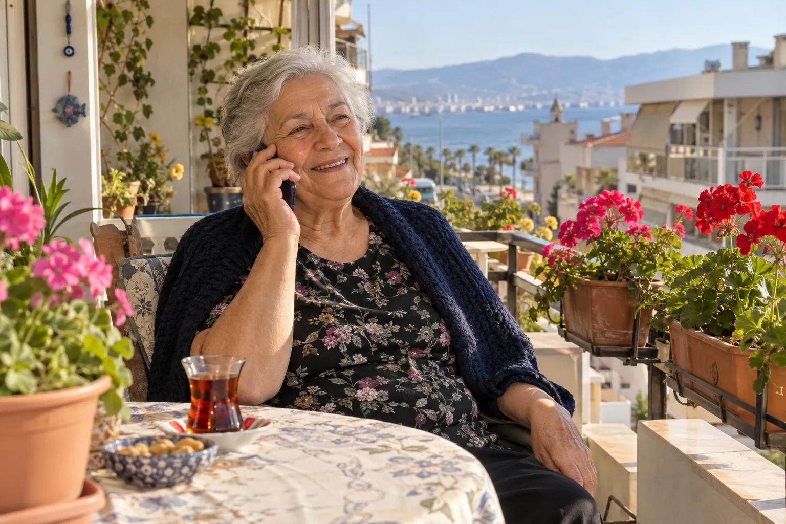 İzmir'de balkonda çay içen yaşlı kadın, telefonla kızıyla konuşuyor